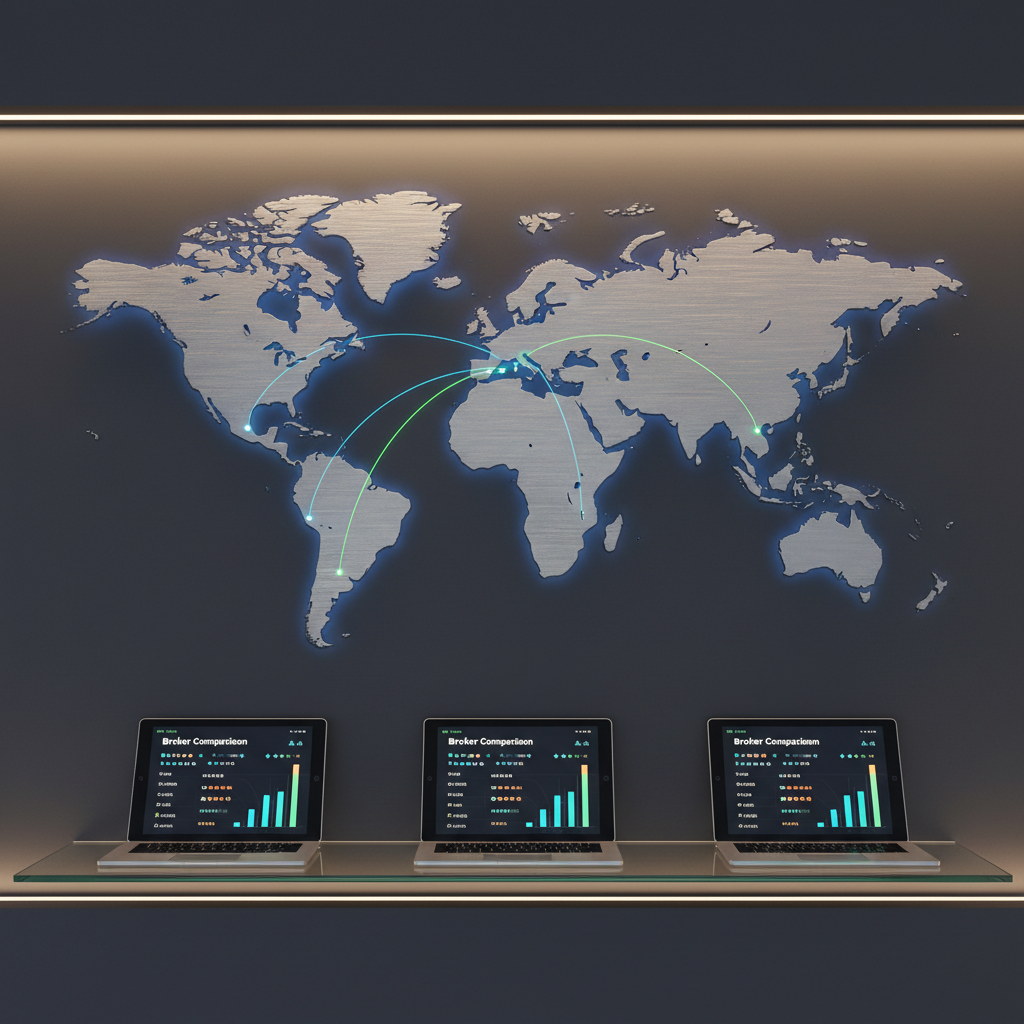 An elegant world map made of brushed metal, mounted on a deep charcoal wall, with glowing connection lines linking major financial centers. Below the map, a floating glass shelf supports three slim tablets and a laptop, each showing abstracted broker comparison dashboards with colored bar charts and rating indicators, no logos or brand names. Soft, indirect LED strip lighting washes the wall from above and below, casting subtle gradients and reflections on the metal continents. Captured from a slightly elevated angle in photographic realism, the composition emphasizes clean lines and symmetry, creating a modern, trustworthy, and internationally focused mood ideal for a global broker comparison homepage hero image.