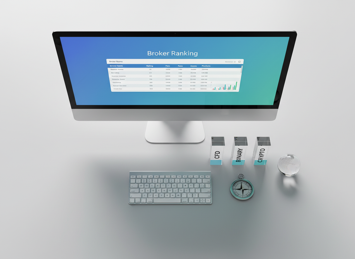 A close-up, overhead view of a neatly organized comparison workspace: a large, matte-white desk featuring a wide monitor showing a colorful yet uncluttered broker ranking table, a slim wireless keyboard, and three crystal-clear acrylic blocks etched with CFD, Binary, and Crypto. Beside them lies a silver metal compass icon and a small transparent globe paperweight, symbolizing global navigation of brokers. Soft studio lighting from above creates gentle shadows and polished reflections, enhancing textures of glass, acrylic, and brushed metal. Shot in photographic realism with balanced, centered composition, the scene feels precise, data-driven, and authoritative, ideal for illustrating an in-depth broker review or methodology page without any human presence.