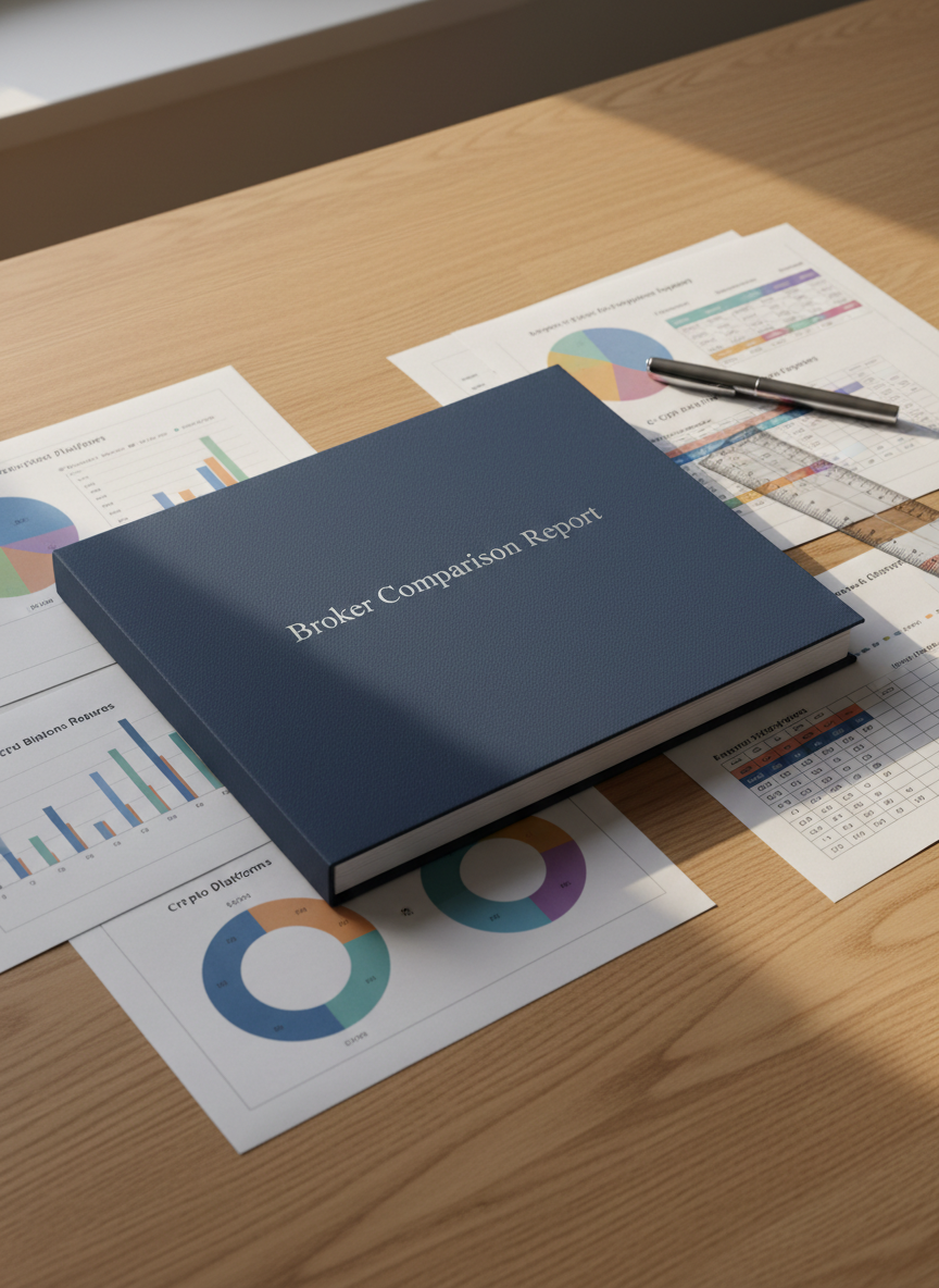 A refined desktop scene where a thick, navy-blue report folder embossed with subtle metallic text “Broker Comparison Report” rests on a light oak desk. Around it lie neatly stacked pages featuring colorful, anonymized comparison charts, radar diagrams, and rating matrices for CFD, binary options, and crypto platforms. A slim silver pen and a translucent acrylic ruler add precision. Soft, warm morning light filters in from the left, casting elongated, gentle shadows and a calm glow on the wood grain. Photographic realism with a slightly angled, close-up composition highlights textures of paper, metal, and wood, evoking meticulous research, professionalism, and trust, ideal for a detailed broker review or rating methodology section.