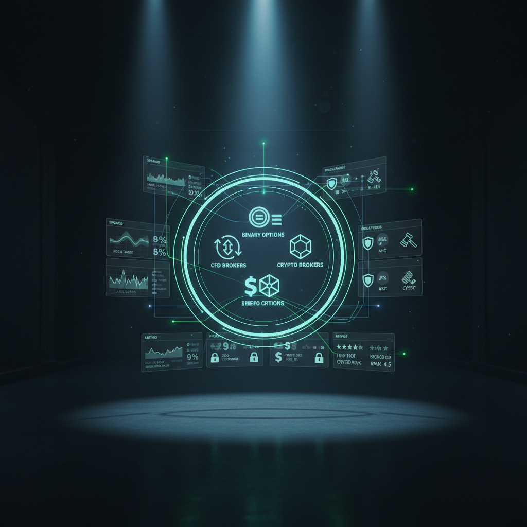 A dramatic, cinematic wide shot of a futuristic, circular digital dashboard suspended in mid-air within a dark, minimalist room. The dashboard displays multiple translucent panels comparing spreads, fees, regulations, and ratings for CFD, binary options, and crypto brokers, all using generic icons and abstract names. Thin neon-blue and emerald-green lines connect the panels like a network graph. Focused, cool spotlighting from above highlights the center of the floating interface while the room’s perimeter fades into soft shadow. Photographic realism with a slightly low-angle perspective enhances scale and importance, creating a bold, cutting-edge, and technologically advanced mood suitable for a broker comparison platform emphasizing innovation and data clarity.
