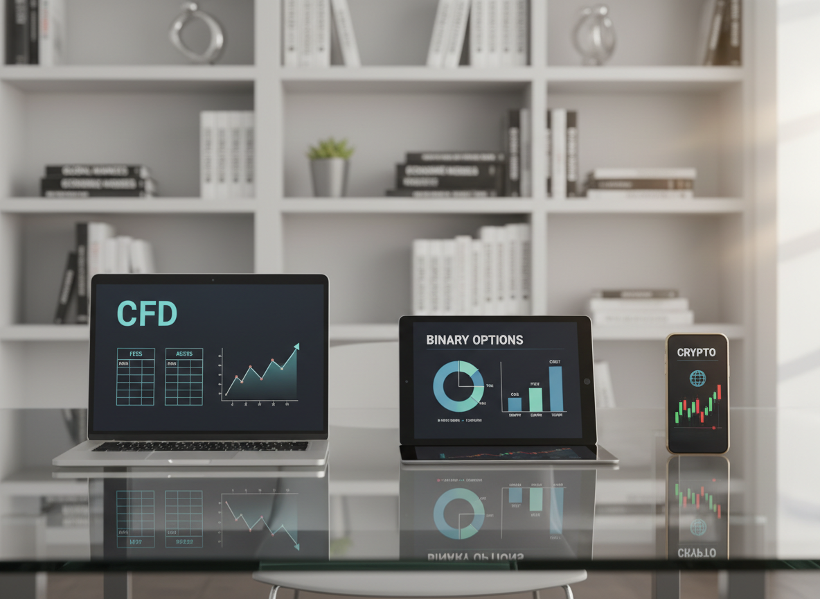 A polished glass table displaying three distinct devices: a laptop labeled CFD, a tablet labeled Binary Options, and a smartphone labeled Crypto, each screen showing simplified comparison grids and performance charts without recognizable brands. The table stands in a bright, modern office with a blurred backdrop of shelves holding financial textbooks and minimalist decor. Natural afternoon light streams through a large unseen window, creating precise reflections on the glass surface and subtle highlights along the device edges. Photographic realism with a shallow depth of field keeps the devices in sharp focus while the background softly fades, conveying clarity, organization, and a professional, analytical atmosphere for choosing between trading instruments and platforms.