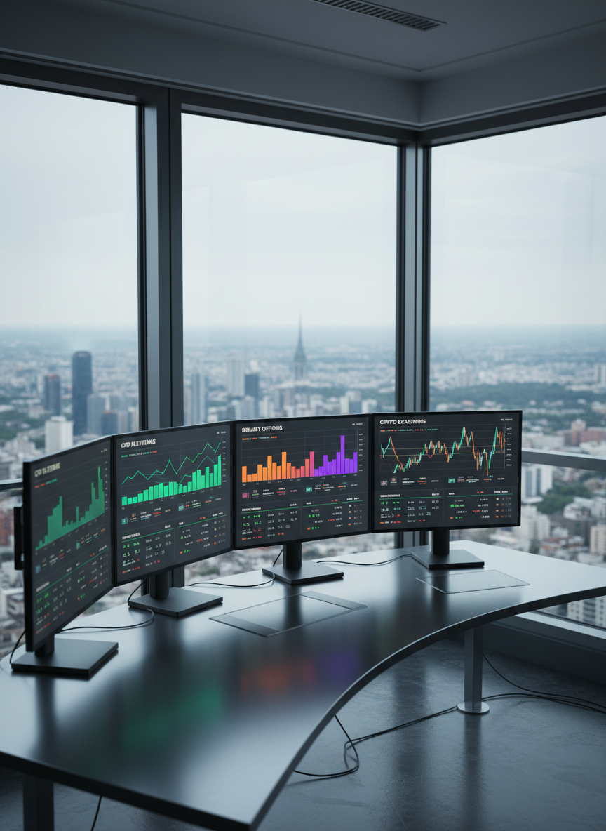 A sleek multi-screen trading workstation filled with luminous charts comparing CFD, binary options, and crypto platforms. Ultra-thin, matte-black monitors display clean dashboards with colored performance graphs, rating stars, and side-by-side broker comparison tables, all anonymized and logo-free. The setup rests on a brushed aluminum desk in a minimalist, glass-walled office high above a global city skyline. Cool daylight pours through expansive windows, creating crisp reflections on the desk surface and gentle shadows under the monitors. Shot at eye level with photographic realism and sharp focus, the composition uses the rule of thirds to balance screens and skyline, conveying a professional, authoritative, and globally connected atmosphere for serious broker research.